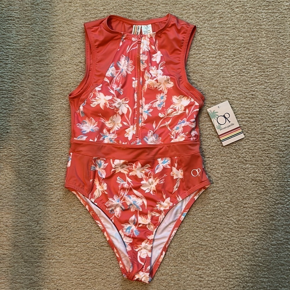 OP Ocean Pacific Coral Orange Floral Print One-Piece Swimsuit women’s small